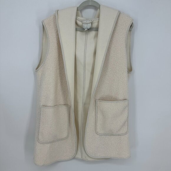 Joie Sherpa Fleece Hooded Vest L Open Front Relaxed Fit Long Pockets Cream - Picture 1 of 8